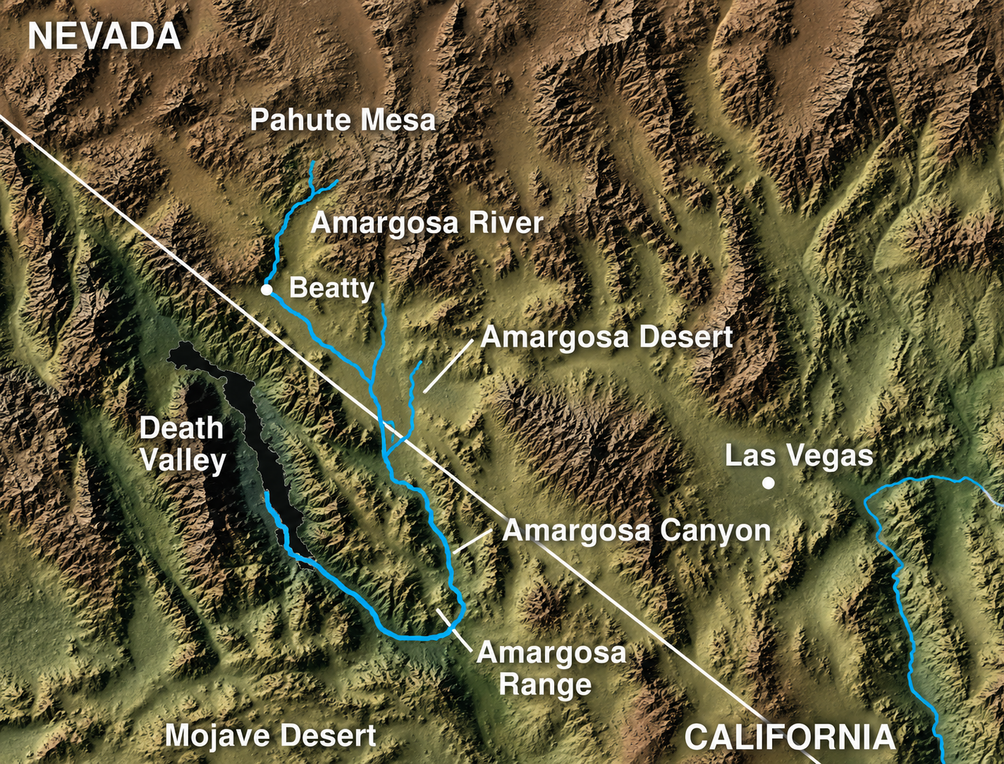 Relief map showing the Amargosa Desert, the Amargosa River, Death Valley and the Nevada-California line